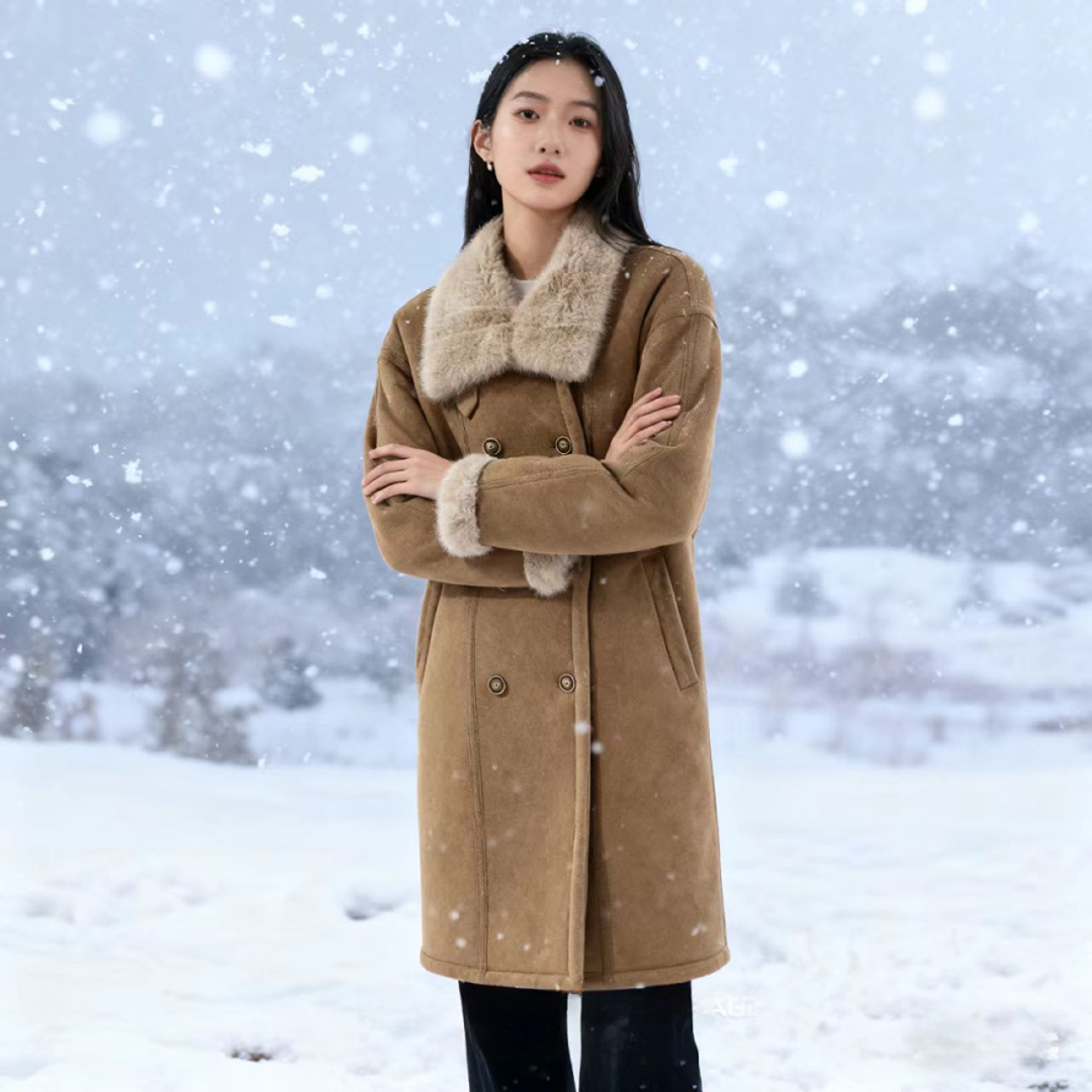 2025冬季新品皮毛一体中长款外套时尚洋气百搭双排扣翻领上衣+
