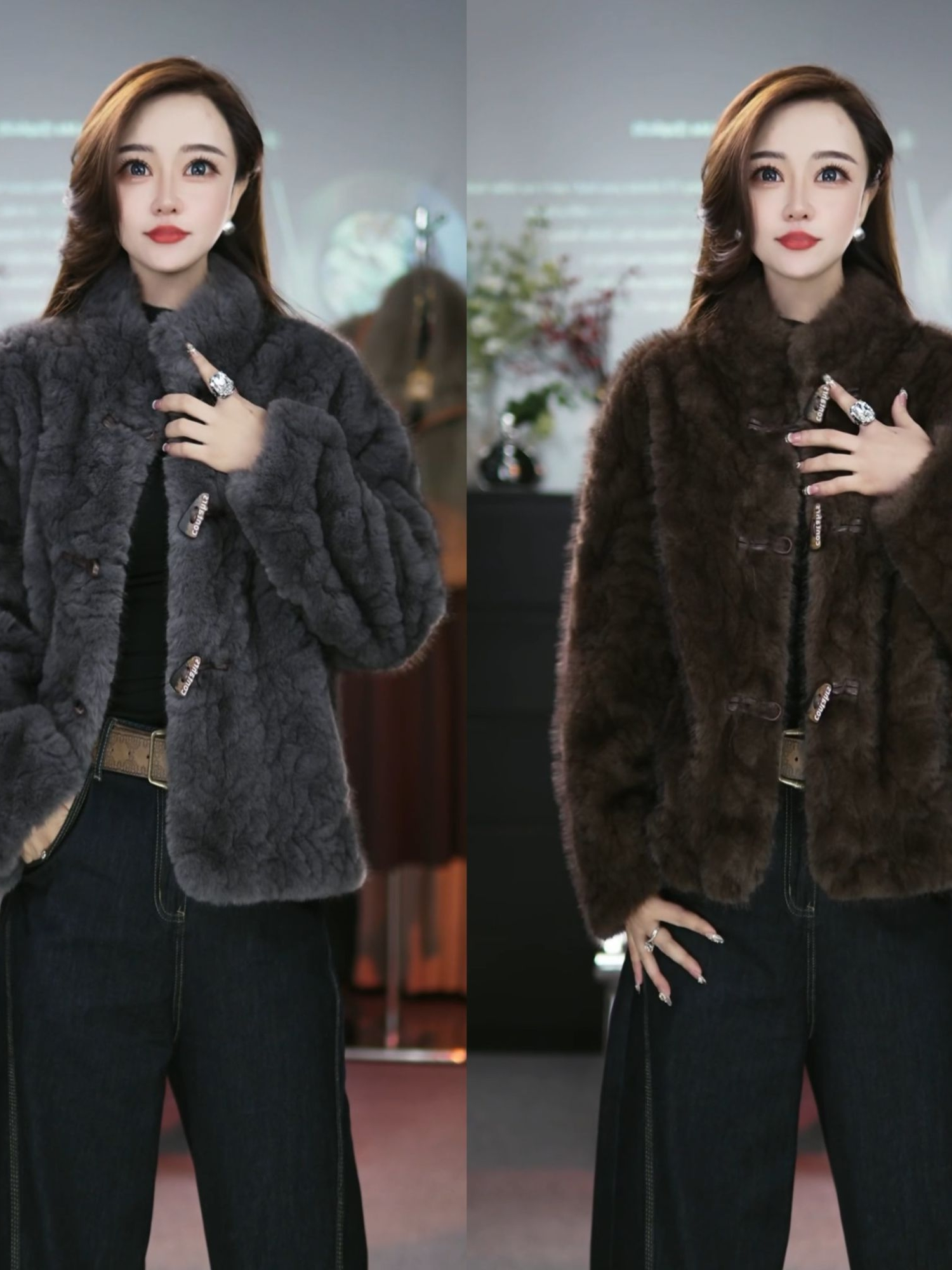 海宁皮毛一体短款立领牛角扣外套显瘦气质秋冬款时尚拼接轻奢1120