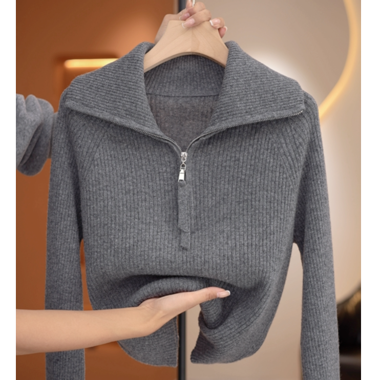 【荣荣】大翻领休闲全羊毛百搭针织衫-Y19709