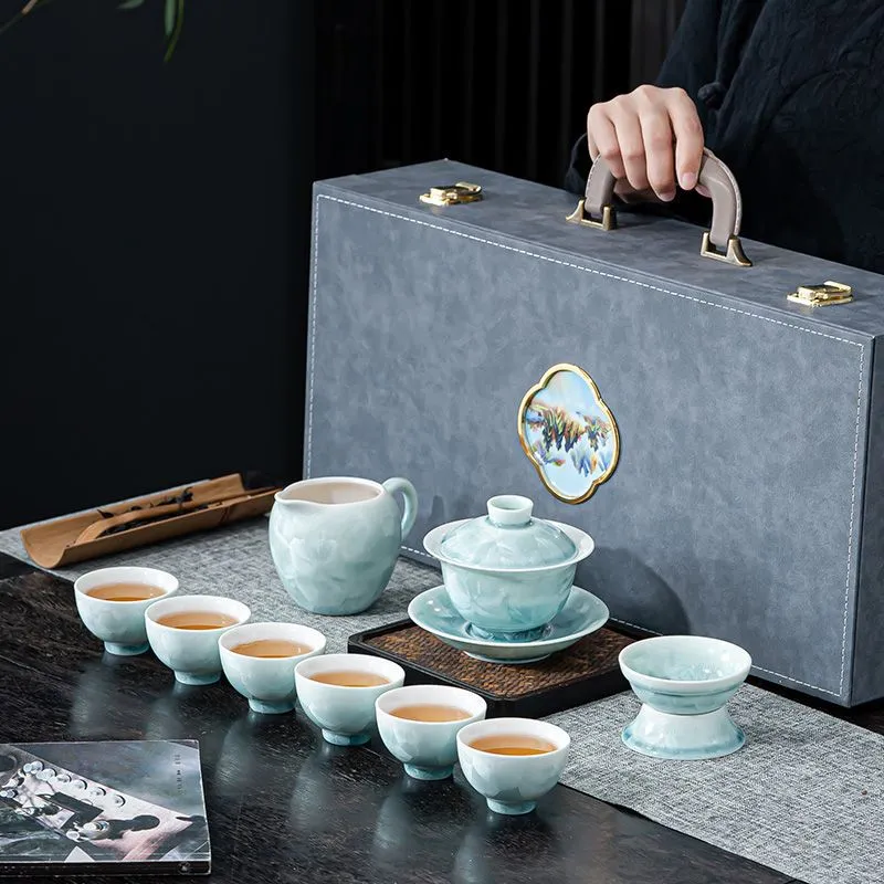 新款冰花玉瓷功夫茶具套组结晶釉盖碗简约陶瓷轻奢高档泡茶壶家用