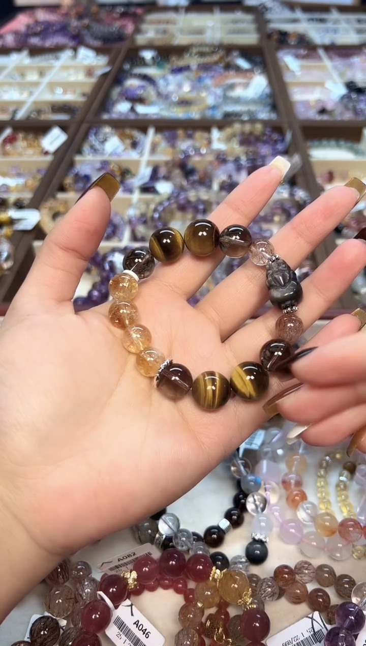 【闪购商品】水晶手链未镶嵌A222天然黄塔晶+7A黄虎眼+貔貅