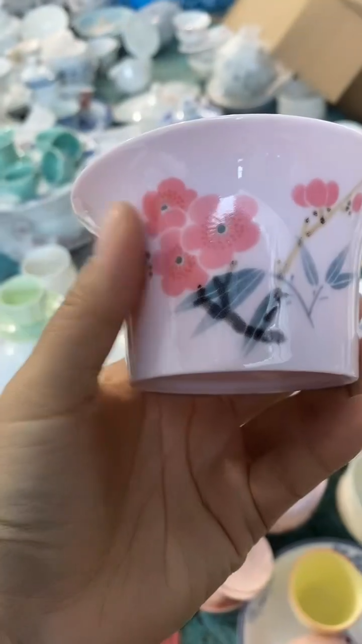 摆件陶红稀土翠竹红梅超大主人杯