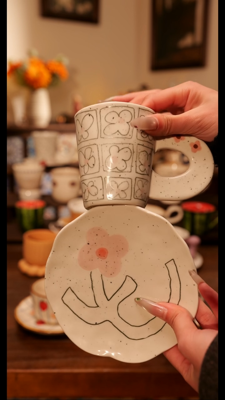 陶便携款小花花杯碟手作  手绘釉下彩