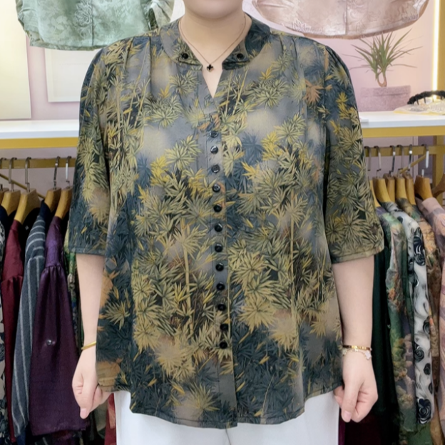 870竹叶叠领排扣五分袖套头衬衫