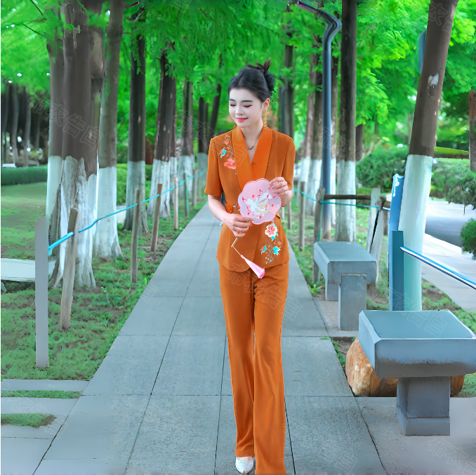 马姑娘专属-2025夏季轻熟减龄短袖西装阔腿长裤套装-2726