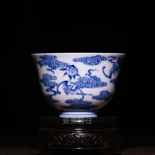 景德镇九段烧妙手青花青花福寿绵延大撇口杯陶瓷主人杯茶杯茶具