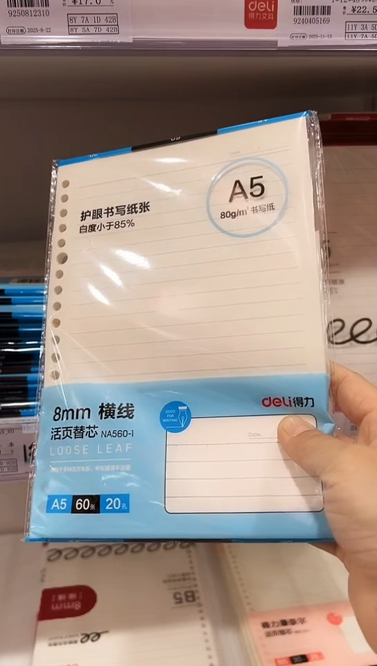 得力NA560-1横线活页芯A5_60页20孔护眼(3本)