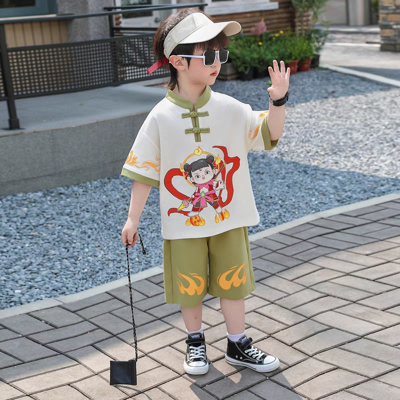 哪吒男童新中式套装夏季2025新款儿童汉服短袖两件套男宝国风衣服