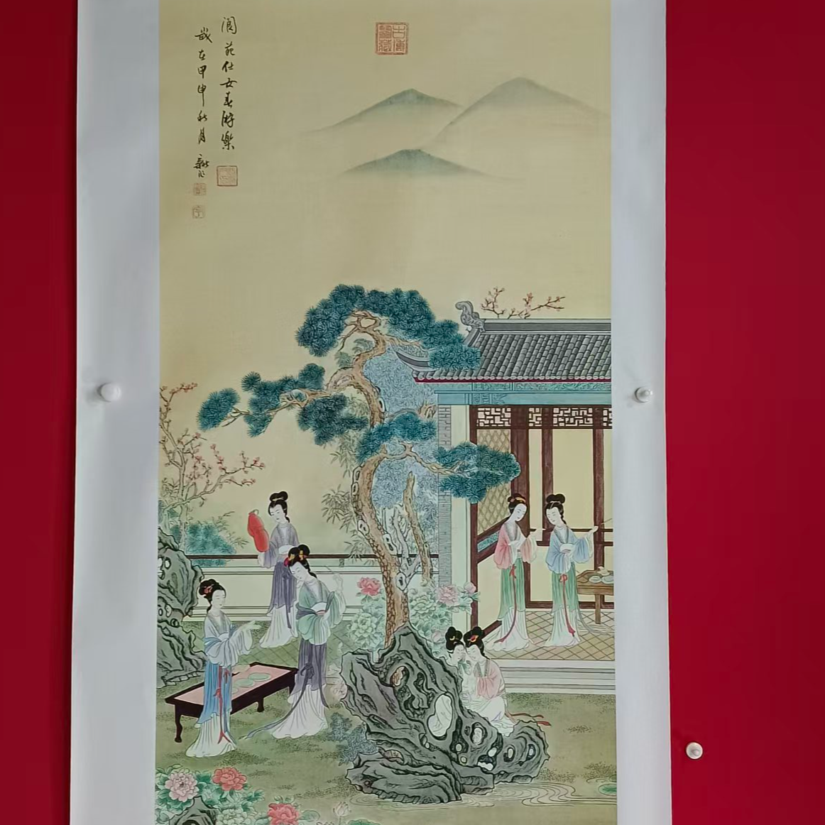 李新社手绘宣纸六尺竖幅阆苑仕女春游乐人物画