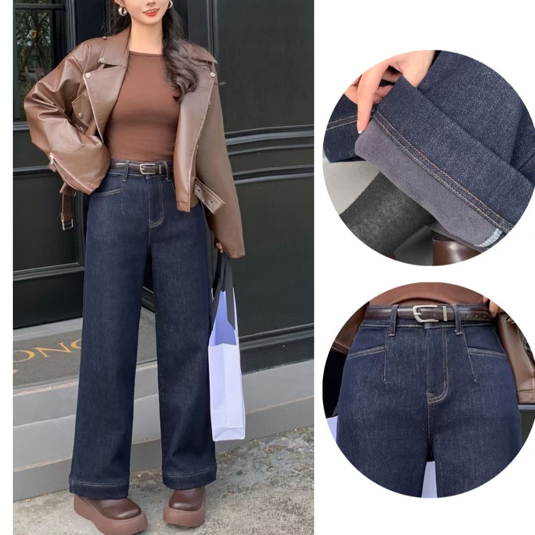 芭莎basha香港花牌宽松显瘦小个子九分直筒阔腿牛仔裤深色牛仔裤