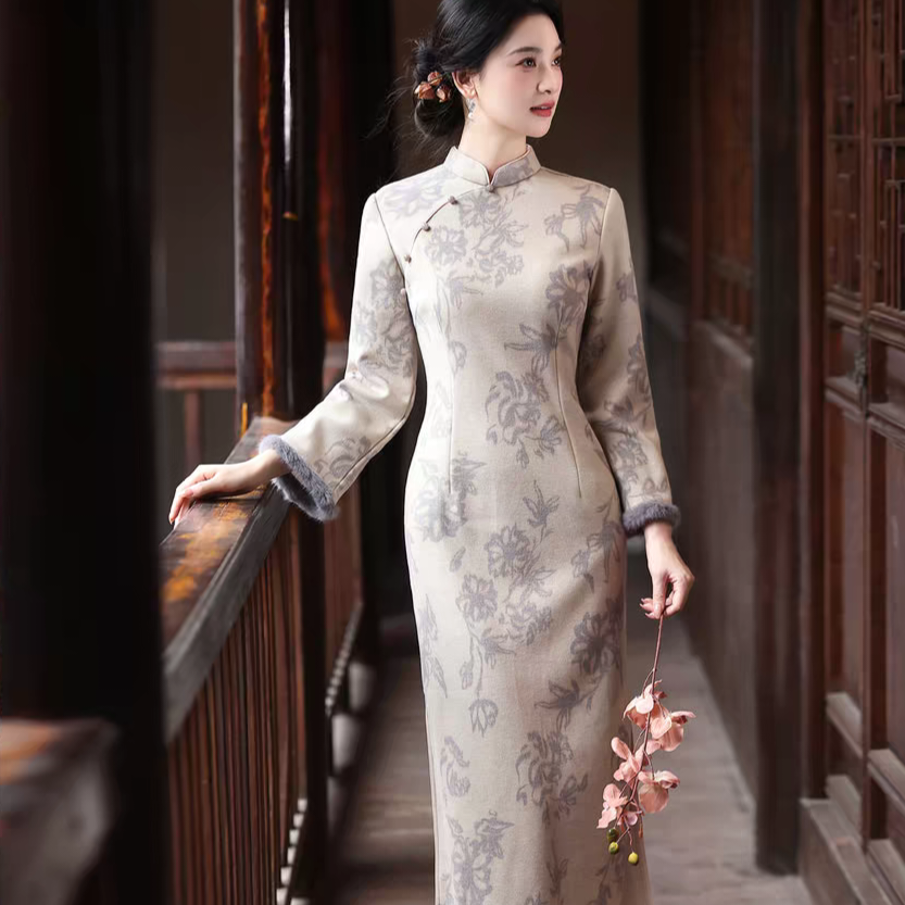 青瓷120cm｜冬季加绒复古国风显白日常单层仿羊绒年轻拉链气质旗袍