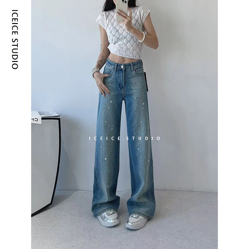 欧货烫钻高级感高腰水洗港风牛仔裤女春季百搭时尚宽松阔腿直筒裤