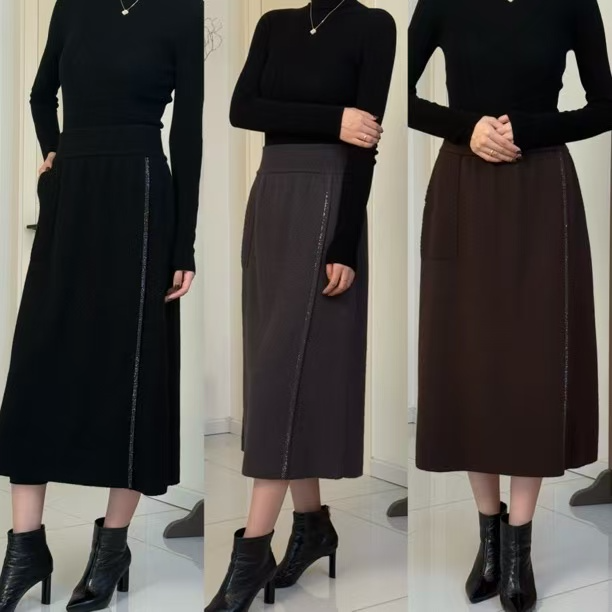 2025年冬季新款亮钻单口带A版高腰显瘦针织半身裙时尚百搭