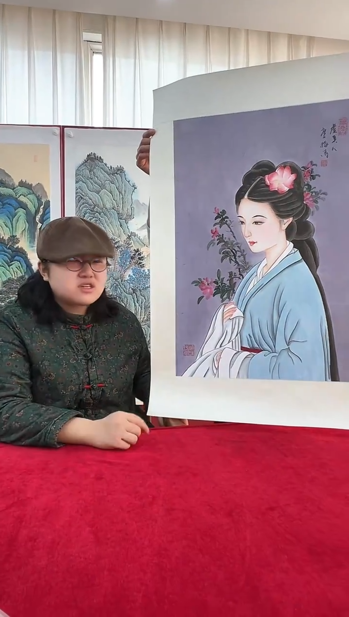 国画梅清老师2.7平尺绢布人物作品