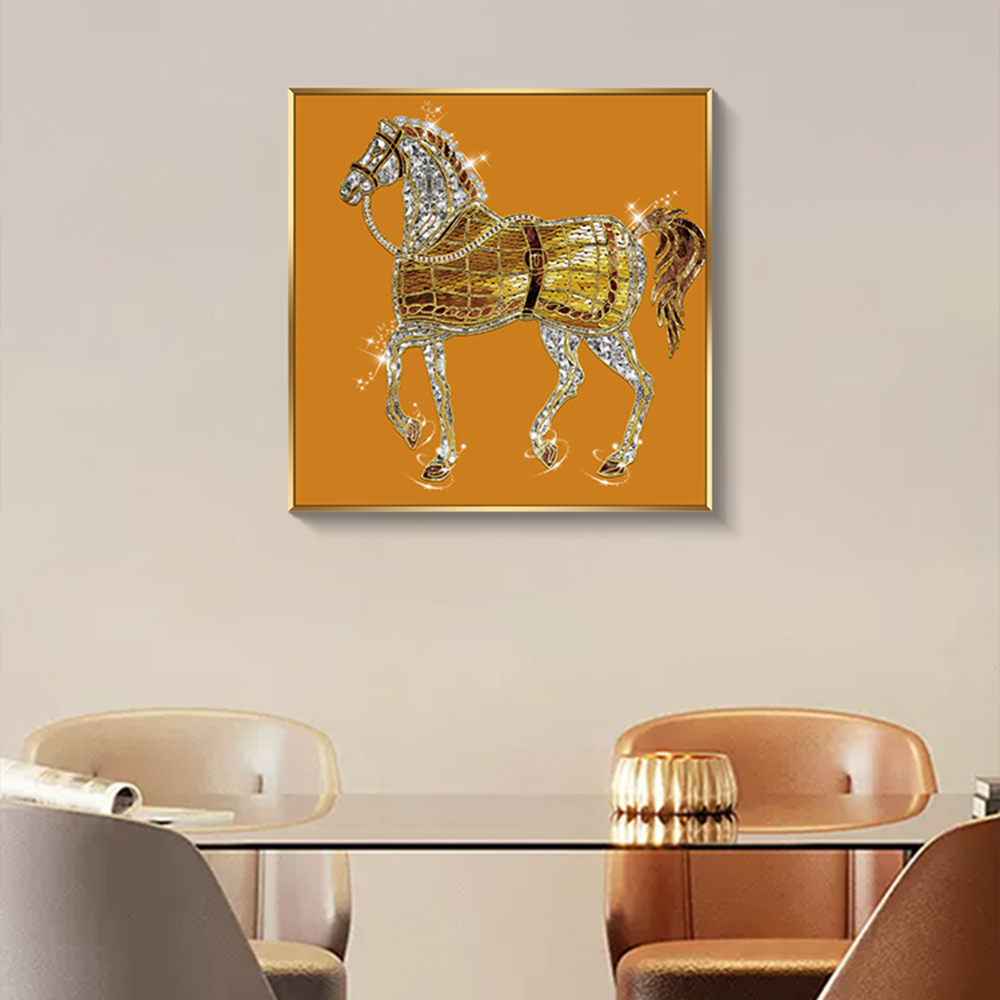 马到成功装饰画晶瓷镶钻餐厅挂画正方形骏马轻奢桌壁画马6060