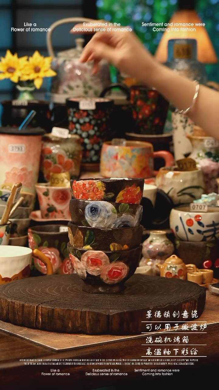 陶瓷四件套景德镇高温釉下彩手工手绘款式