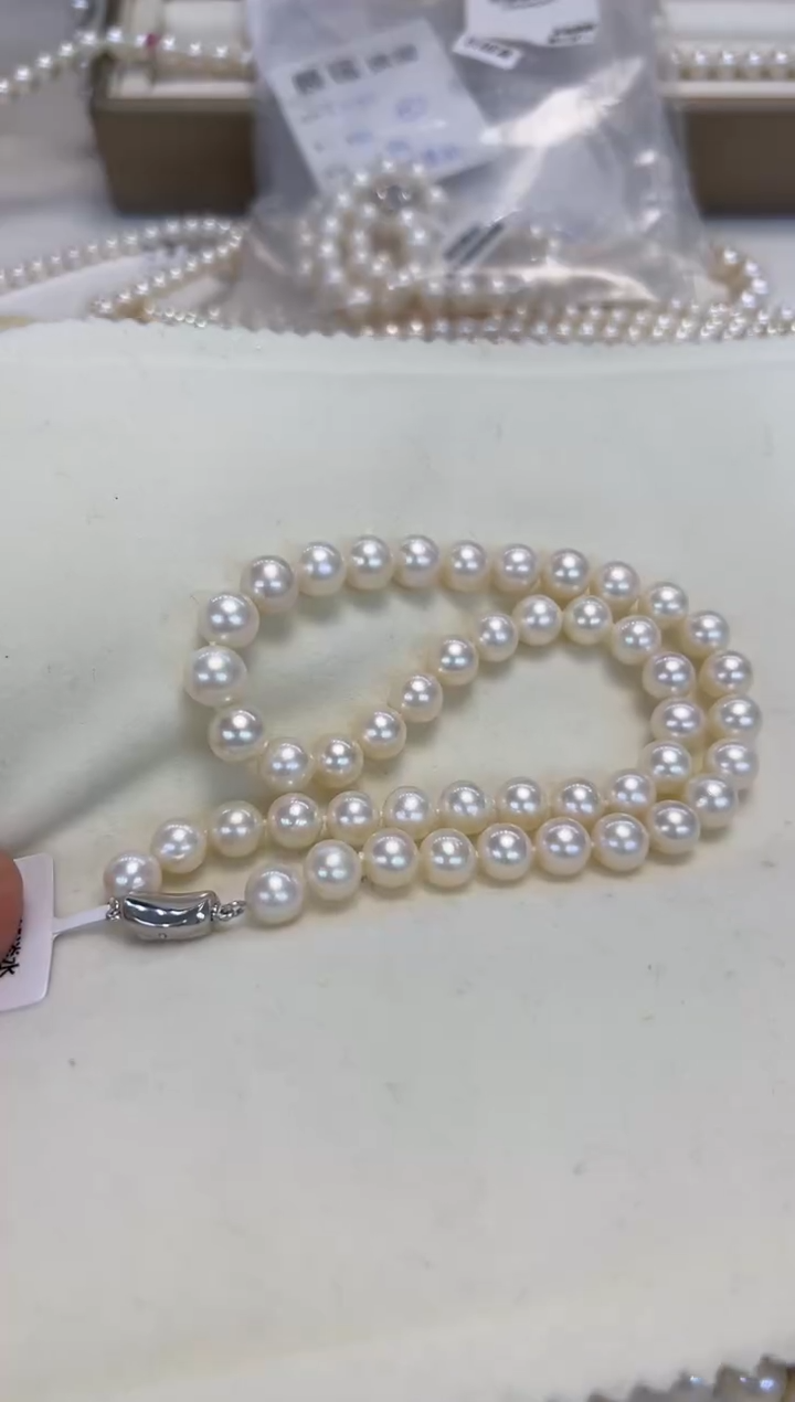 颈饰银S925镶嵌淡水珍珠石*哥8.5-9.5mm无核白珠50长