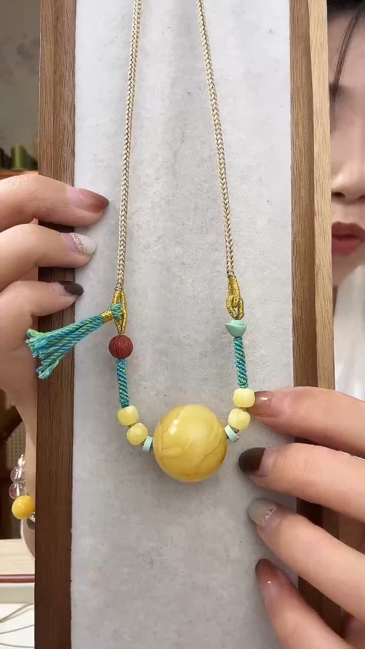 蜜蜡颈饰未镶嵌缘天然蜜蜡圆珠布艺锁骨链