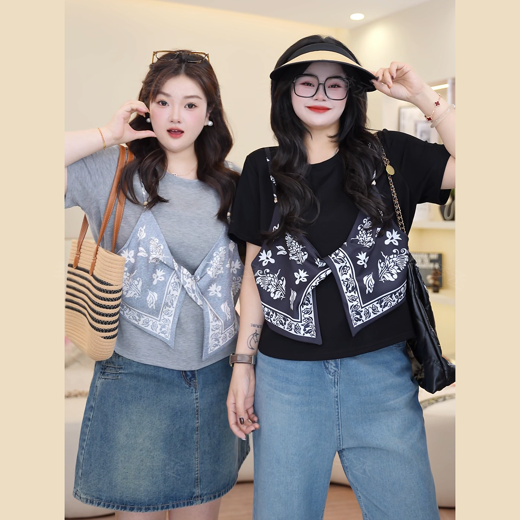梦丞-大码女装夏季设计感假两件复古拼接洋气遮肉显瘦短袖T恤女