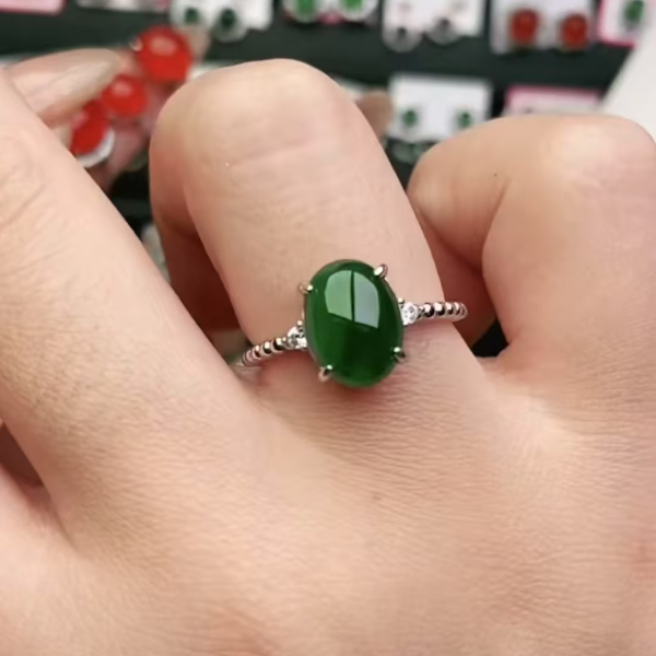 鑫辰珠宝天然A货翡翠银镶嵌设计款开口女戒指时尚百搭