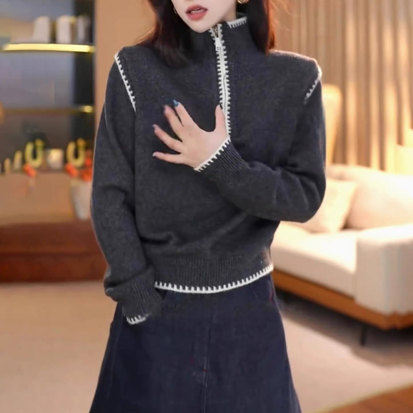 【运费补贴】深灰色齿轮拉链套头女打底毛衣针织衫显瘦外套