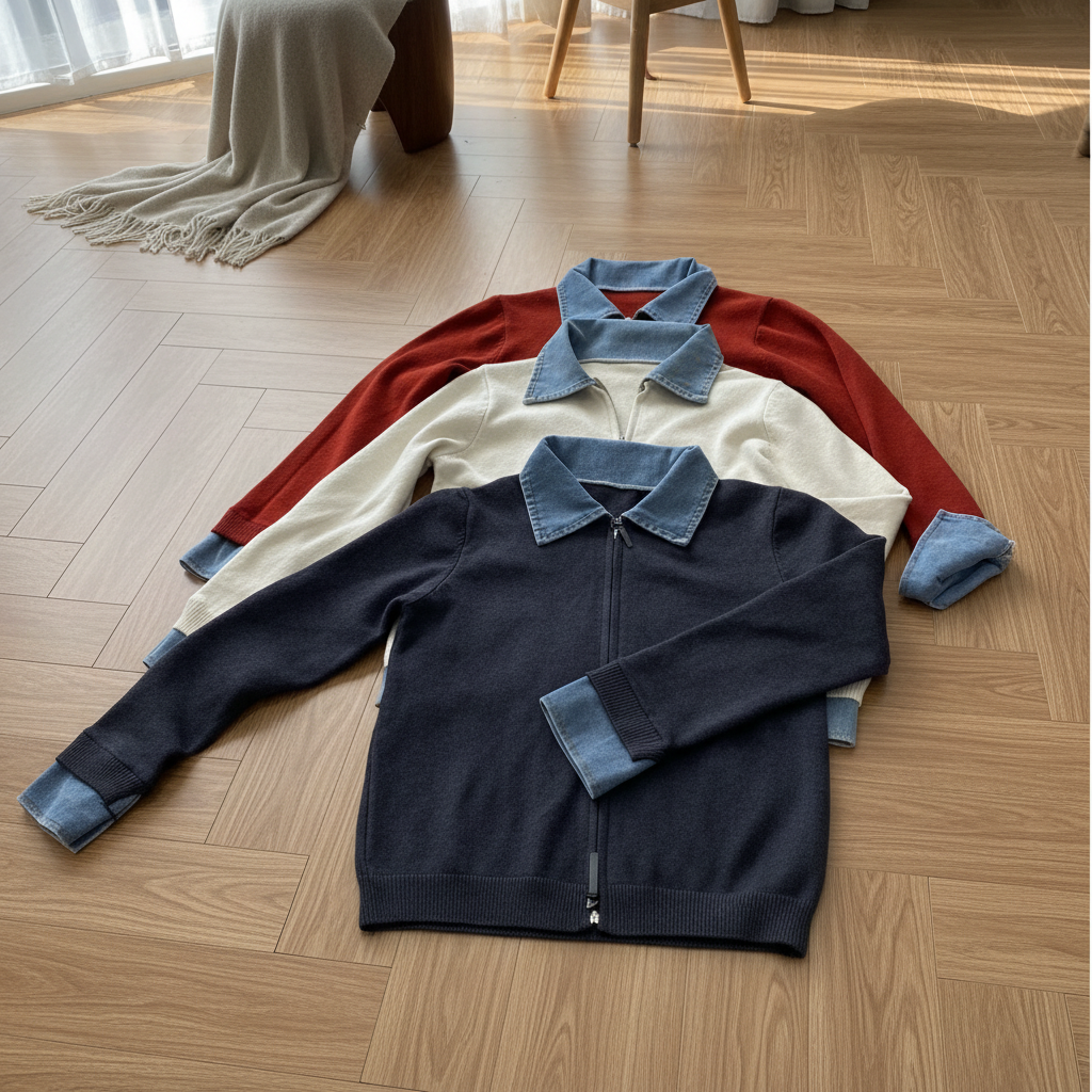 拼牛仔领拉链针织开衫假两件