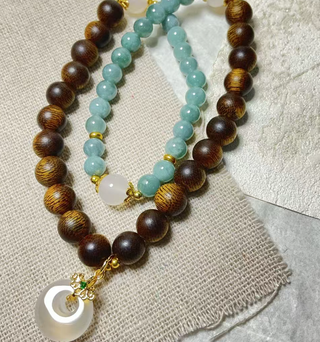 沉香QIC0019-沉香平安扣双圈手串