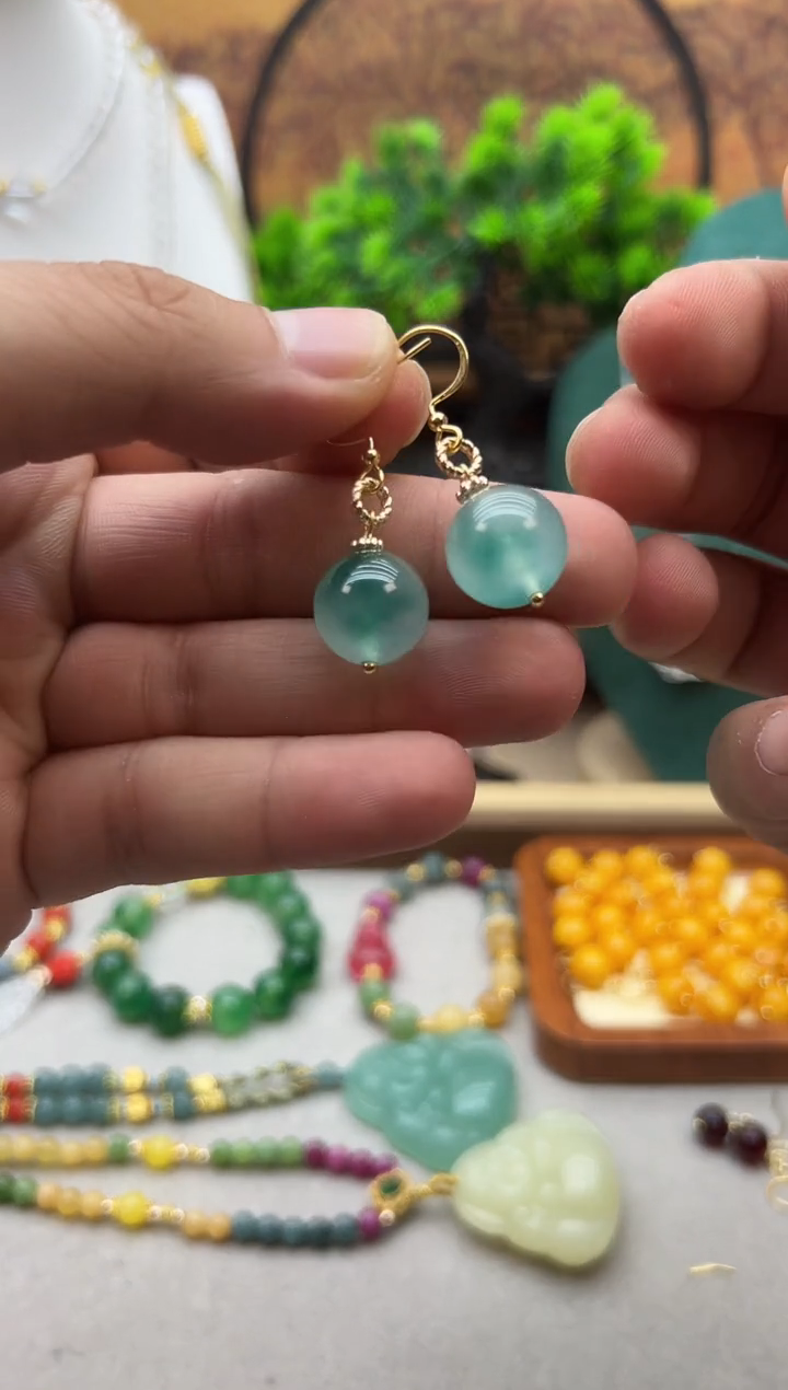 翡翠14K金镶嵌耳饰E444