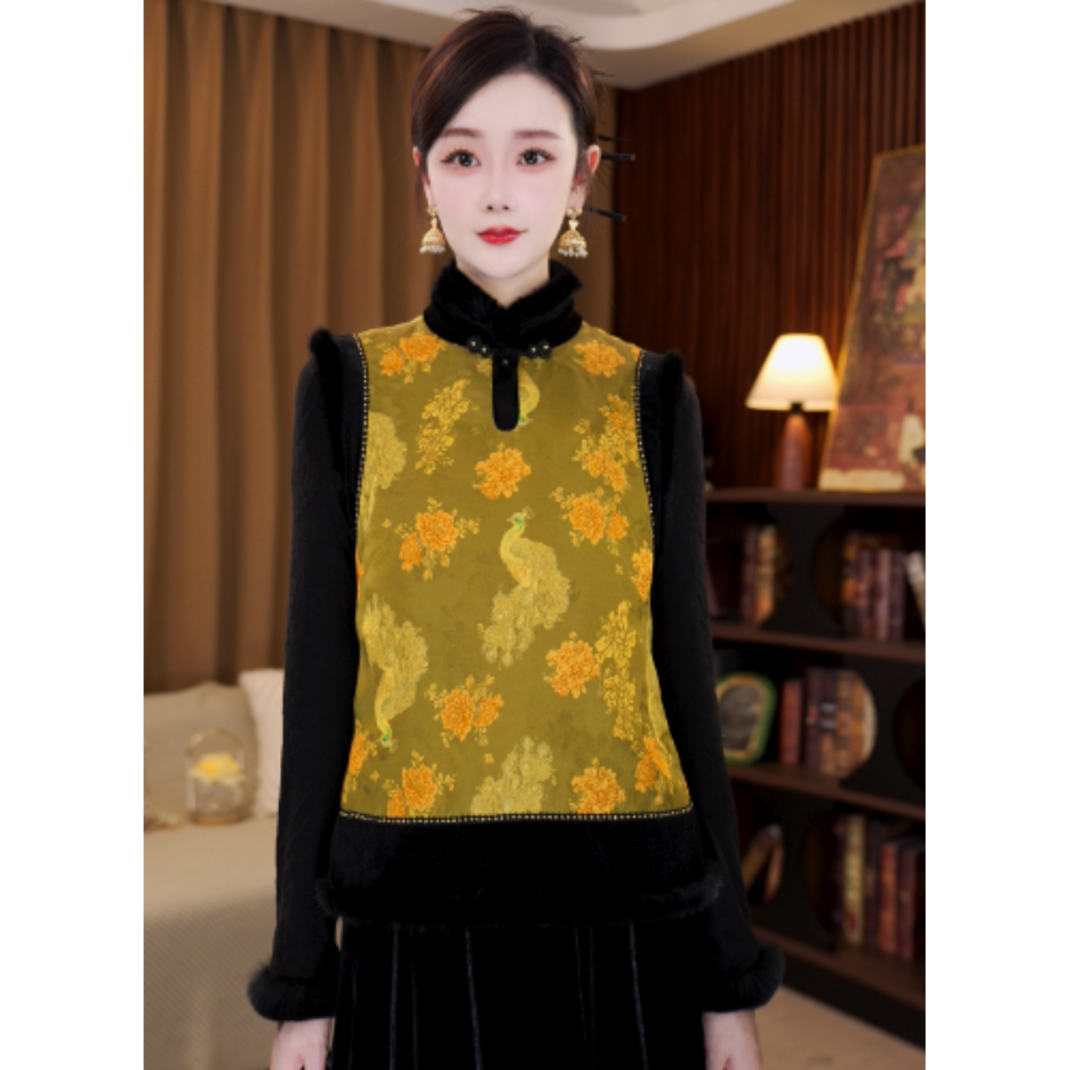 【雀羽】新中式国风百搭拼水貂毛单面穿对襟棉马甲G8832