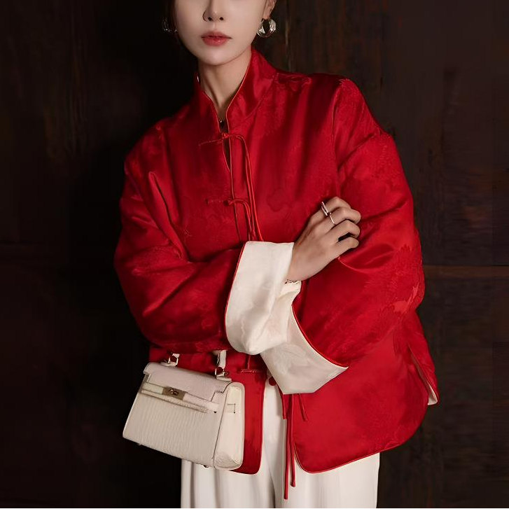 南油高货醋酸双面穿夹棉外套轻奢国风婚宴中式国风棉服红色拜年服