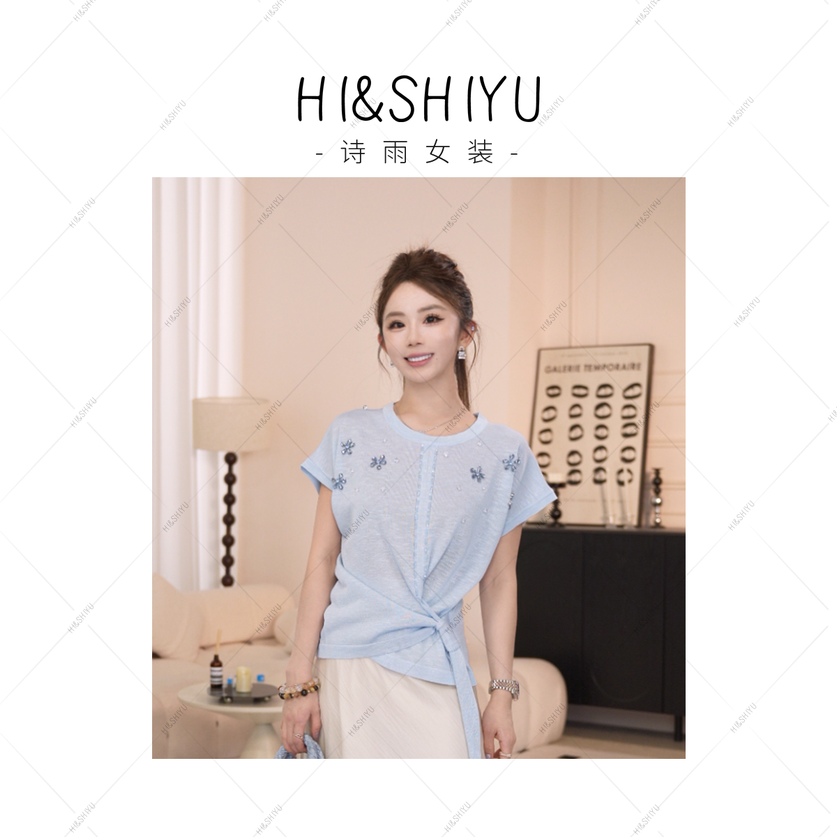 HISHIYU【花漾女孩】圆领侧边系带重工短袖针织衫百搭休闲上衣