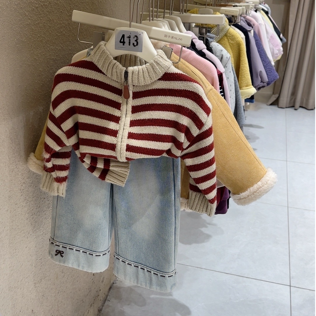 圆子家 女童加厚套装秋冬外套条纹针织衫开衫套装套装9104