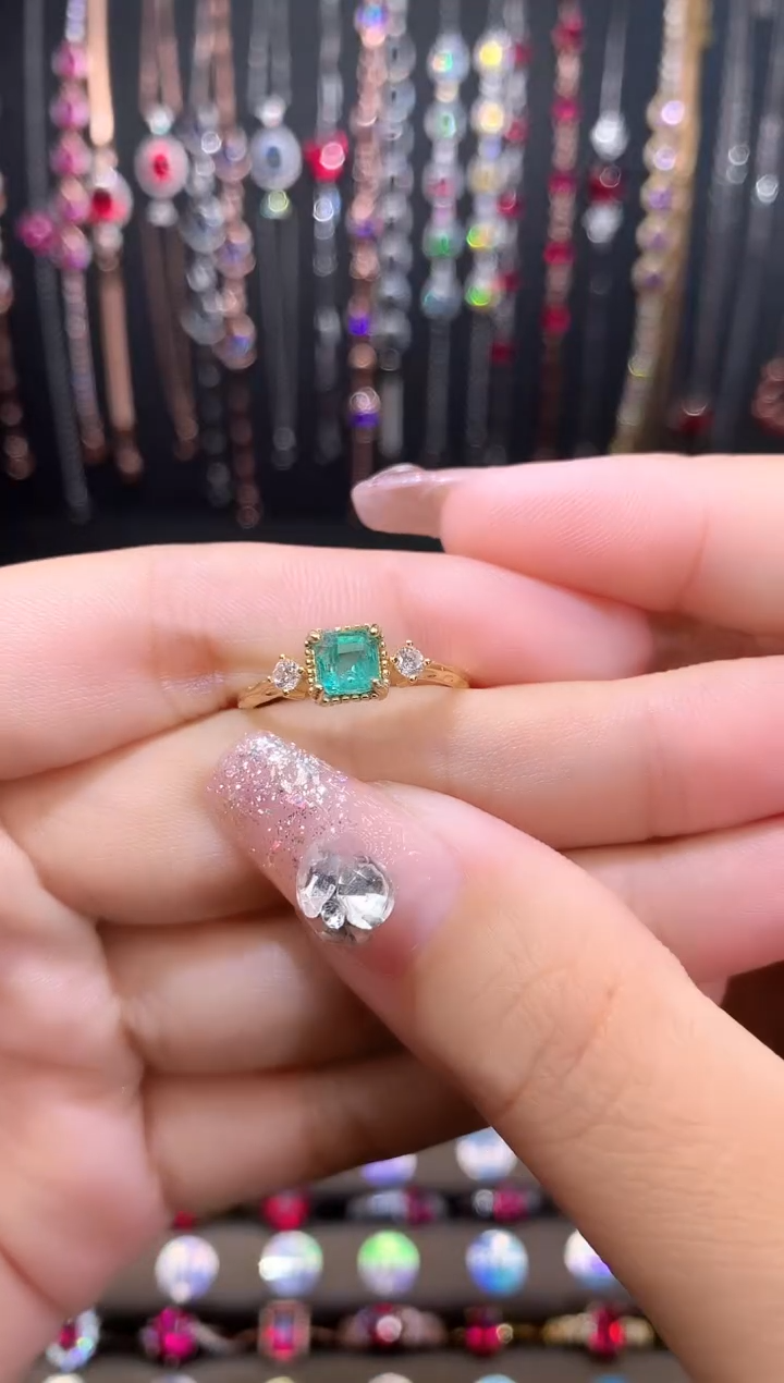 祖母绿戒指银S925镶嵌金色46