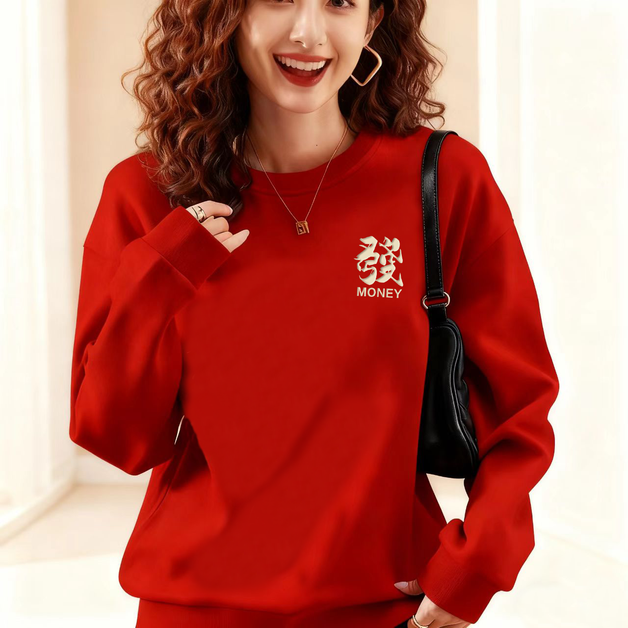 秋冬加绒红卫衣平安喜乐發字印花 2026马年本命年款百搭加厚宽松