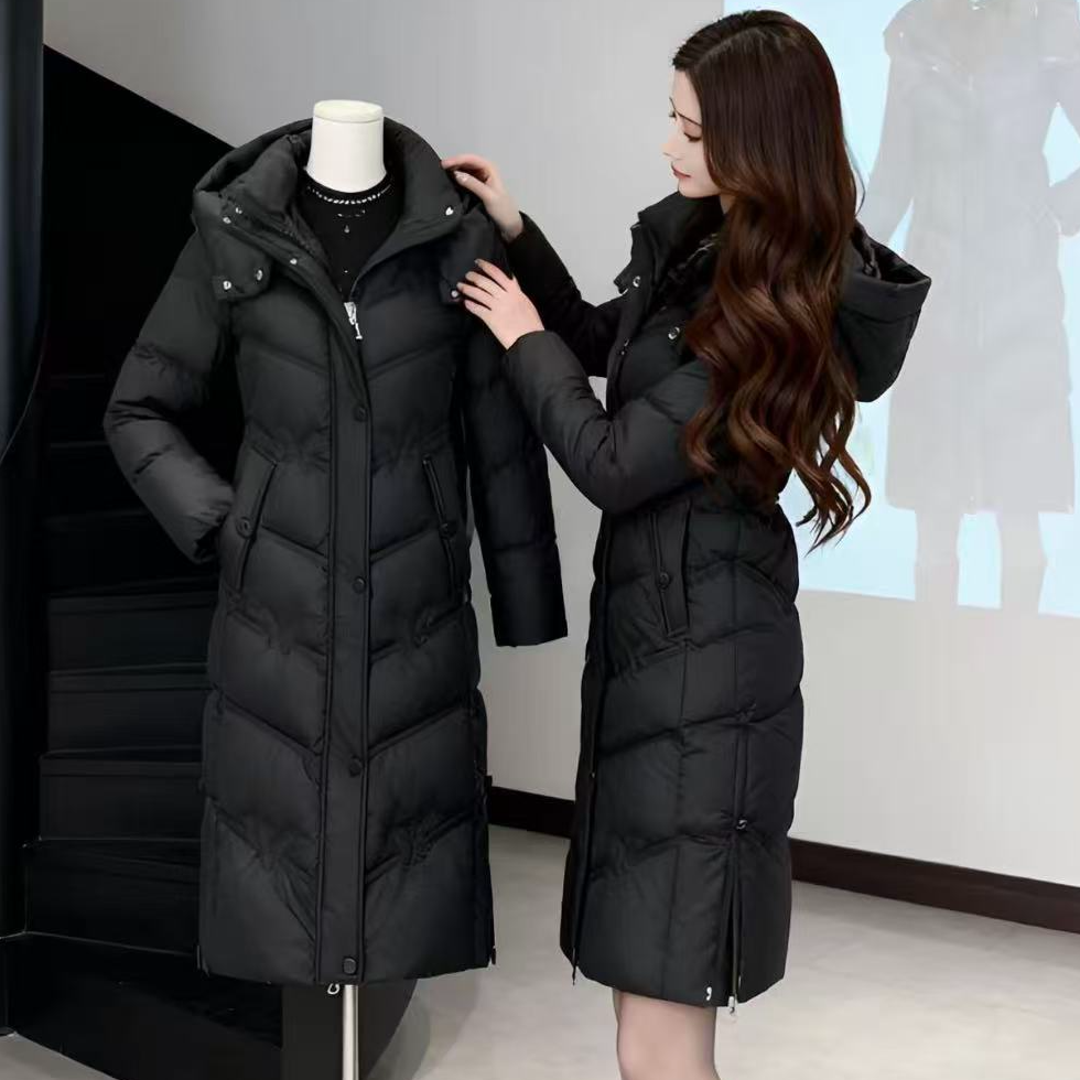 冬季女装中长款羽绒棉服过膝可脱卸帽长款修身时尚保暖高端棉衣
