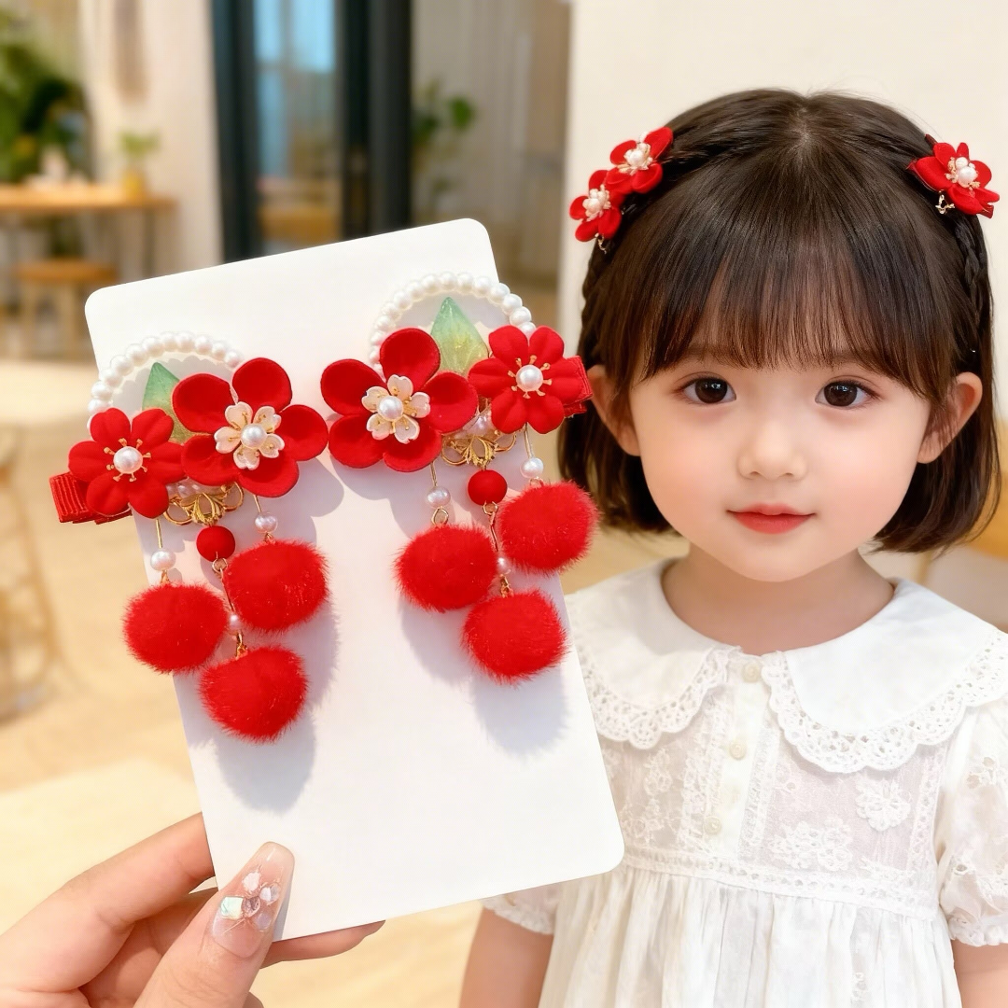 发夹儿童过年头饰红色新款古风女童流苏宝宝绒花发完儿童发夹超仙