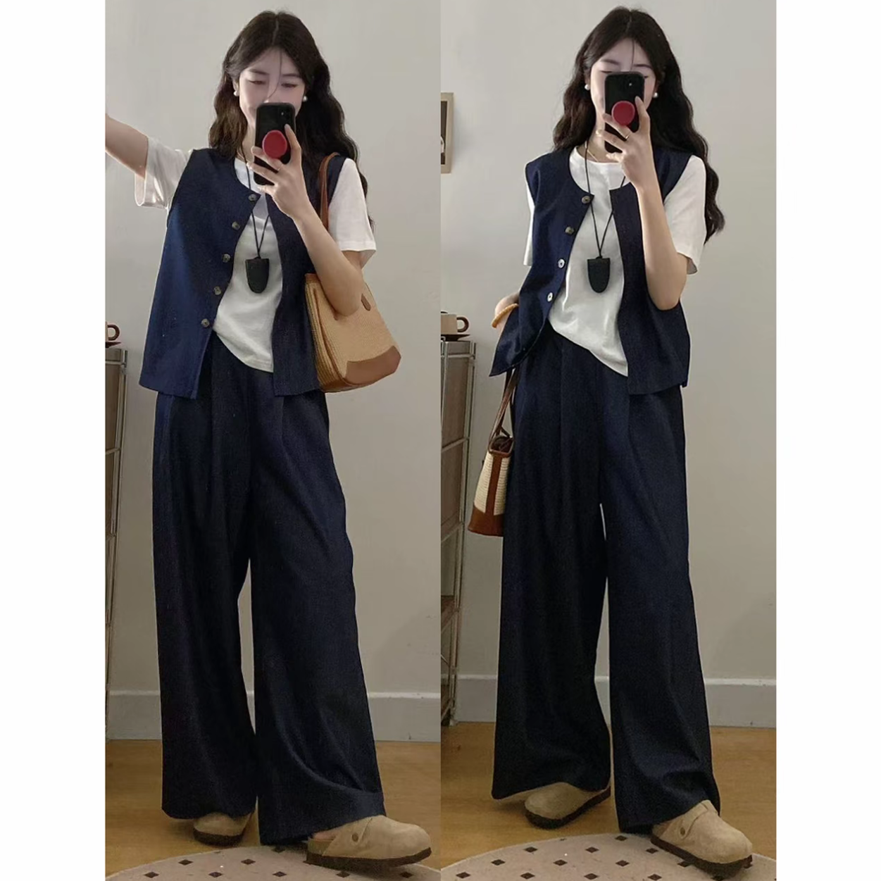 珍珍高个子【懒人必入】加长简约大气休闲马甲➕t恤➕阔腿裤三件套女