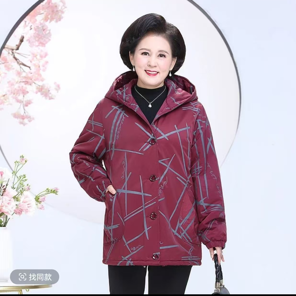 967-中老年女装厚款中长款大码风衣妈妈装加厚加绒连帽中老年棉服