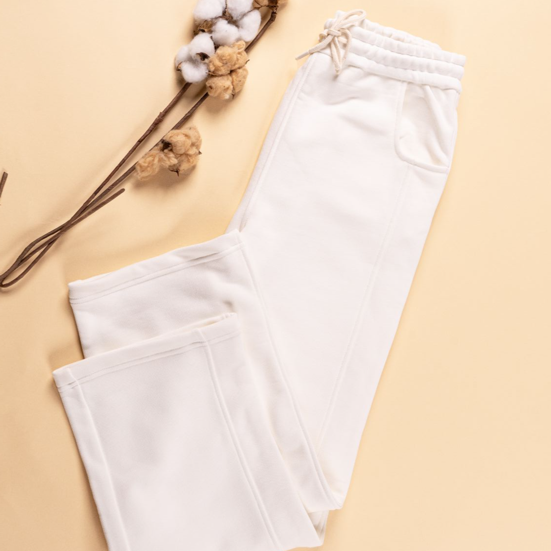 白色针织直筒系绳休闲长裤 有机彩棉0漂白0甲醛0荧光