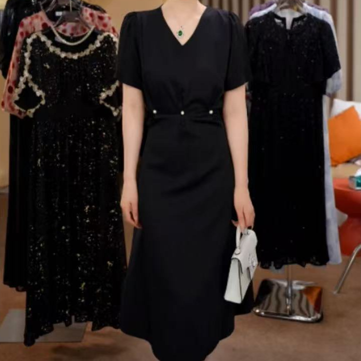 赫本风时尚V领连衣裙收腰遮肚修身气质裙气质裙子连衣裙问道联名