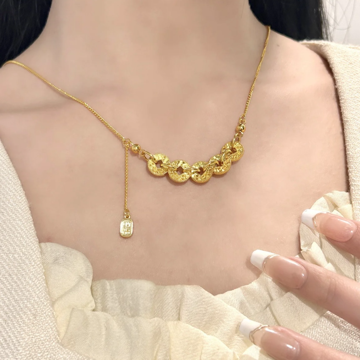 黄铜吊坠 6150五帝钱项链女款国风锁骨颈链碎冰冰爆闪五帝钱链