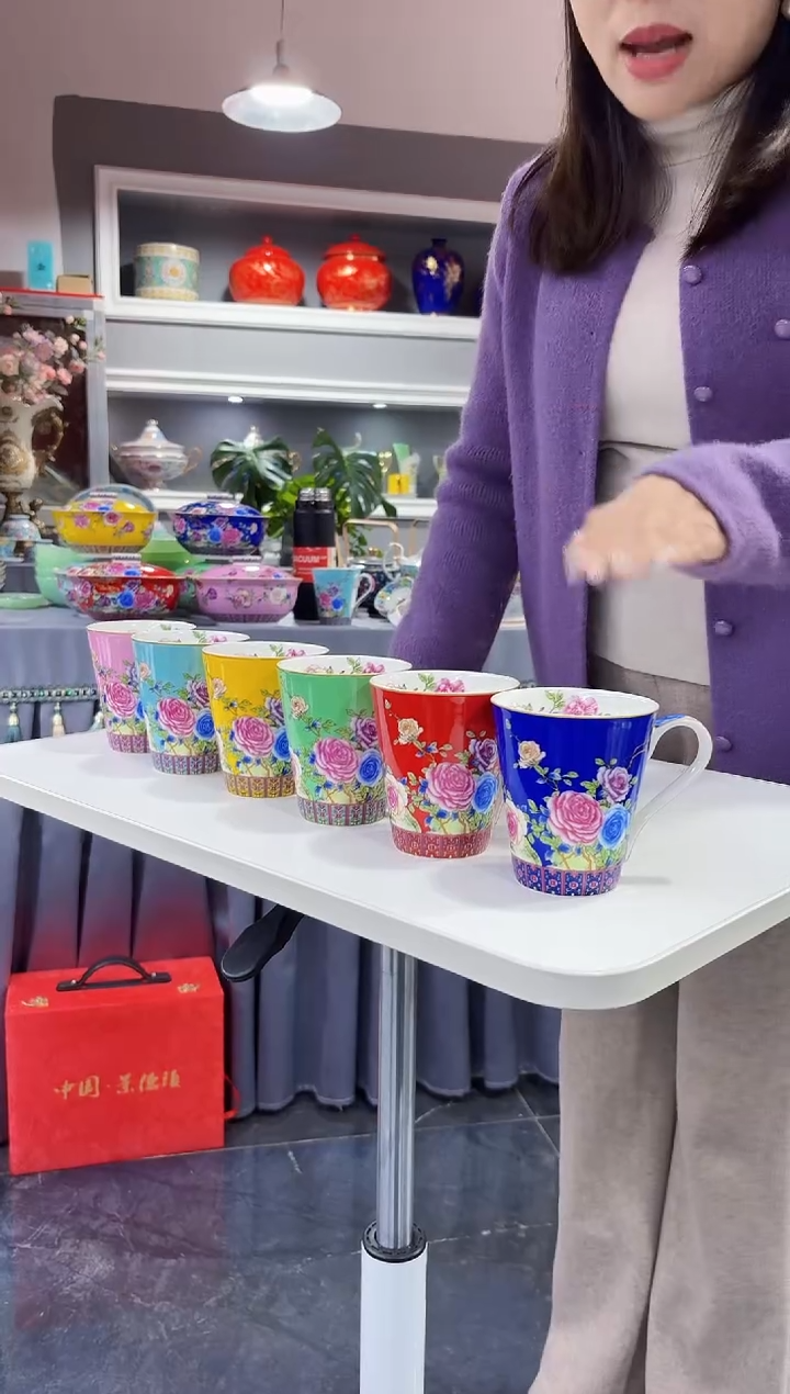 珐琅 牡丹花卉水杯6只装景德镇  