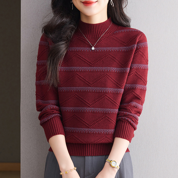 库妃新款秋冬半高领条纹织花波浪纹气质百搭宽松针织衫