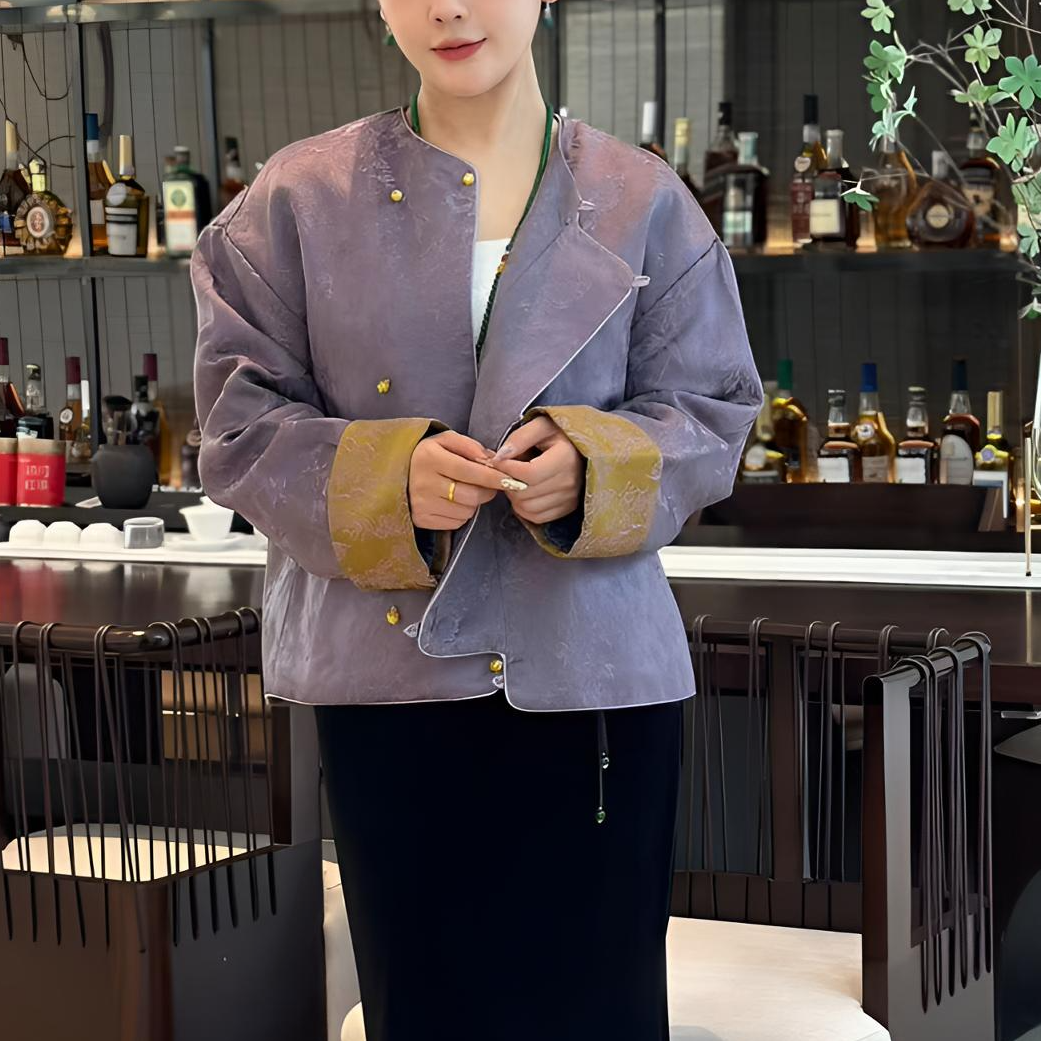 紫黛-新中式老钱风复古提花加薄棉外套名媛气质高级高短款上衣女