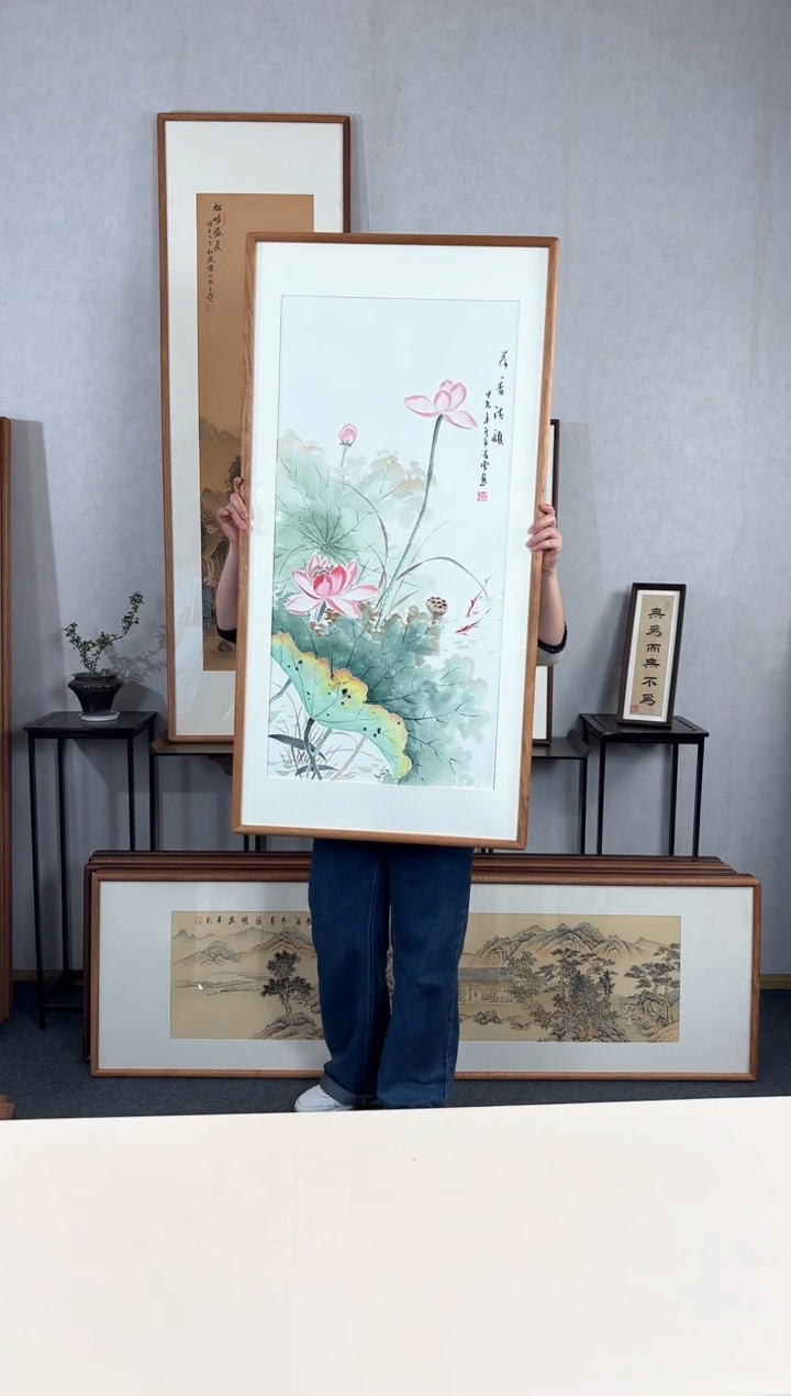 【闪购商品】国画手绘*荷香青韵*62*123cm实木框