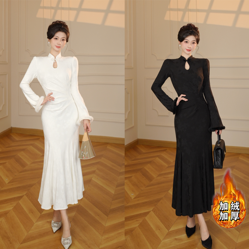 【张小小】新中式气质连衣裙2025秋新款收腰显瘦包臀长裙子D3858