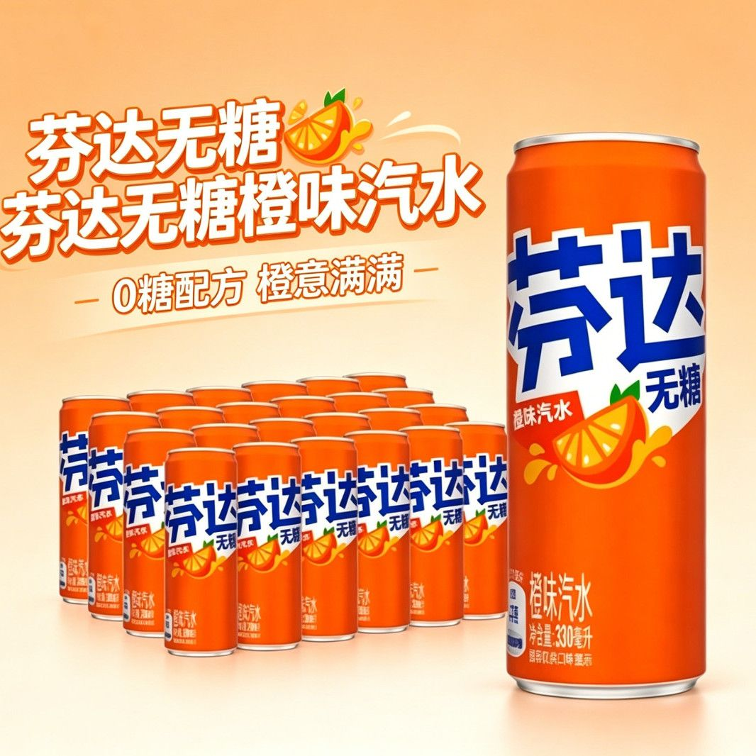 可口可乐无糖芬达330ml*12/24罐汽水零糖碳酸饮料解渴橙味芬达