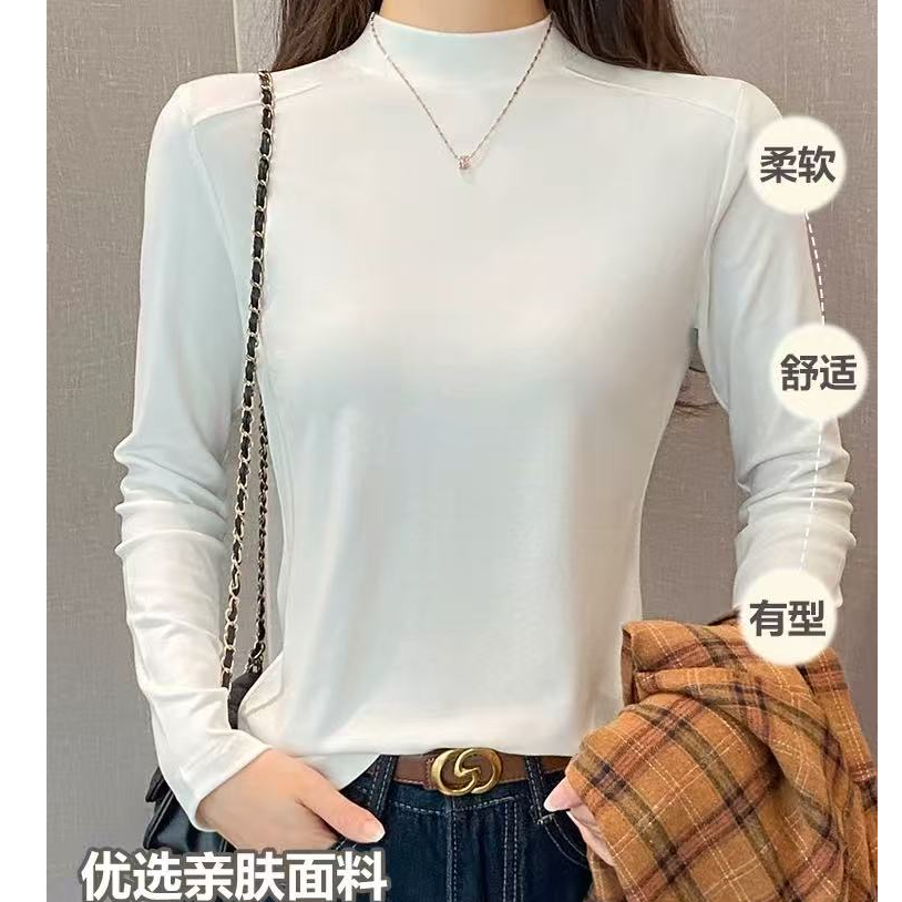 女士磨毛加厚秋冬正肩显瘦鱼骨长袖加绒打底衫上衣
