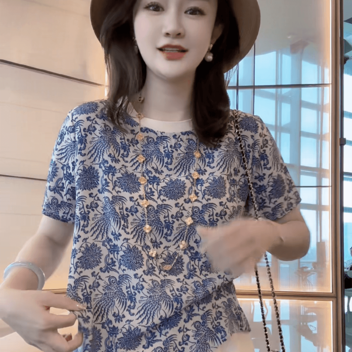 【丝芙玉禄】（F130）100%真丝双绉水墨领鸢尾花桑蚕丝t恤上衣