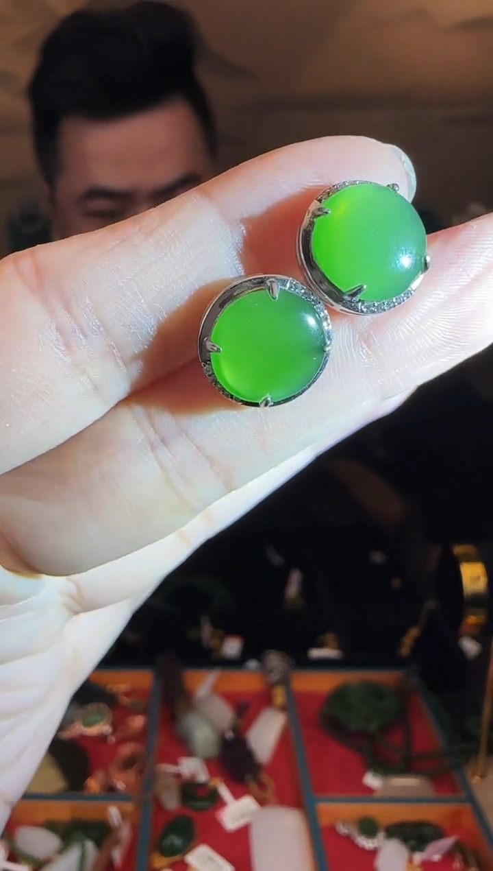 银S925镶嵌和田玉耳饰圆